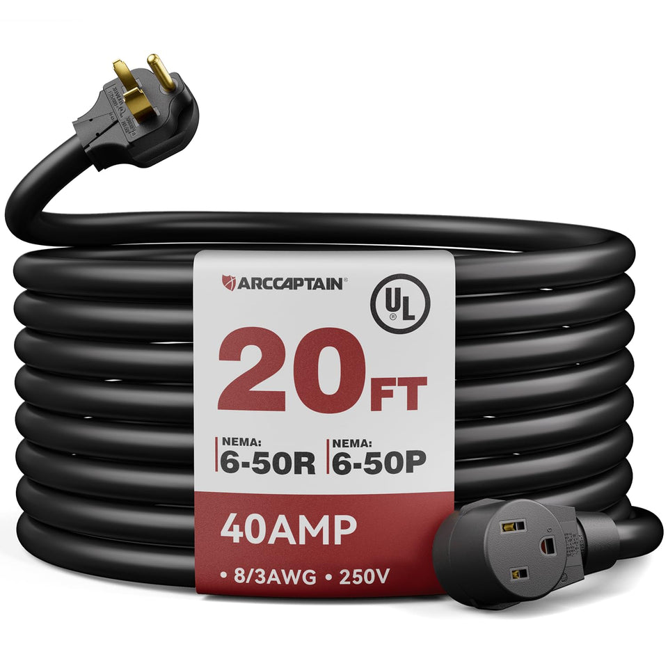 ARCCAPTAIN 40A welder extension cord closeup with rugged 8 AWG conductors for steady power delivery.