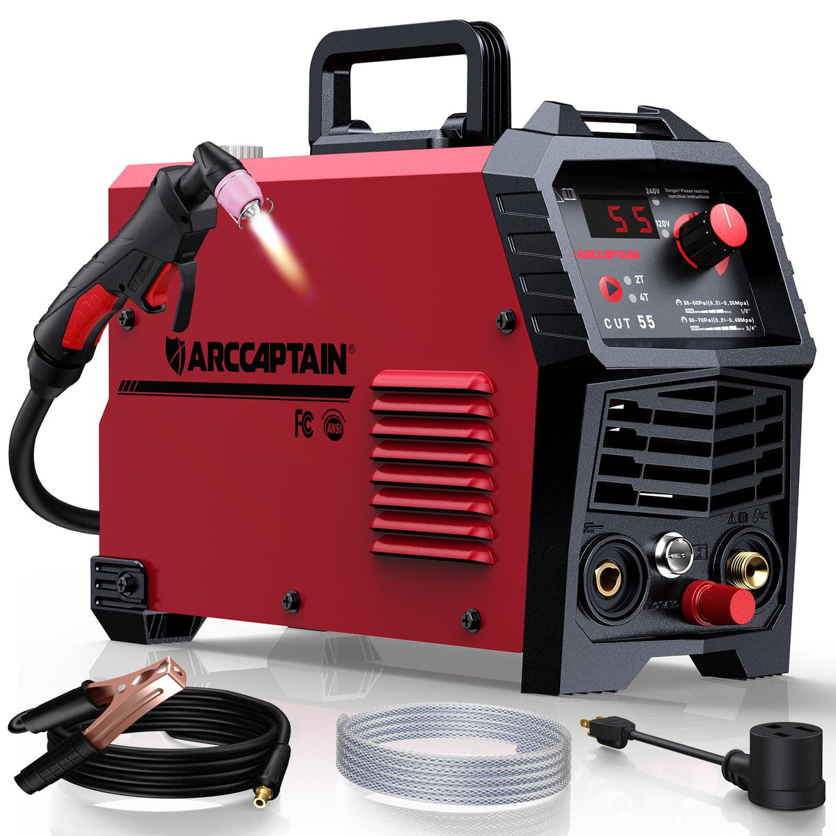 ARCCAPTAIN 55A plasma cutter front view, compact portable design for on-site use.