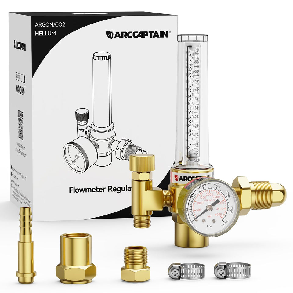 ARCCAPTAIN regulator front view highlighting robust brass body for stable gas control.