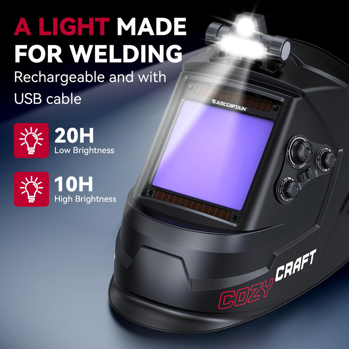 ARCCAPTAIN auto-darkening lens with four sensors detects sparks quickly.