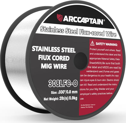 ARCCAPTAIN E308LFC-O flux-core wire spool ready for MIG welding.
