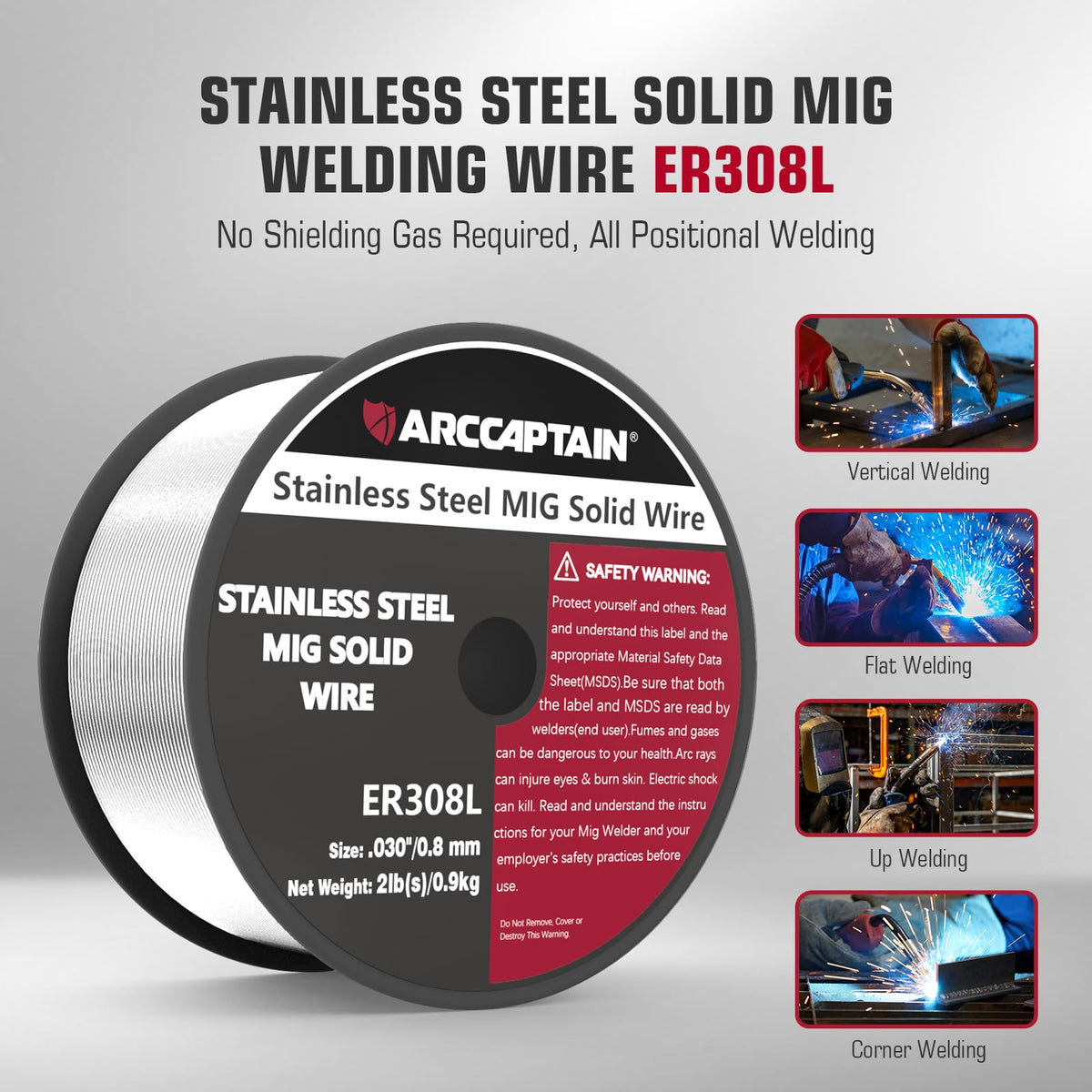 ER308L MIG arc with ARCCAPTAIN wire, minimal splatter for cleaner welds.