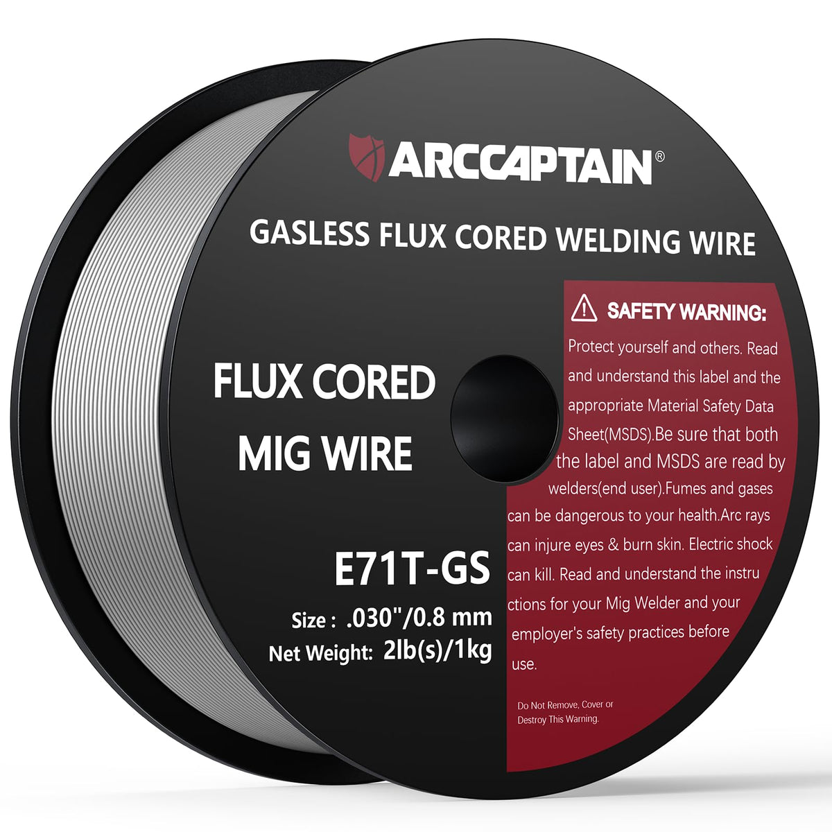 ARCCAPTAIN flux core wire spool close-up for gasless MIG on mild steel.