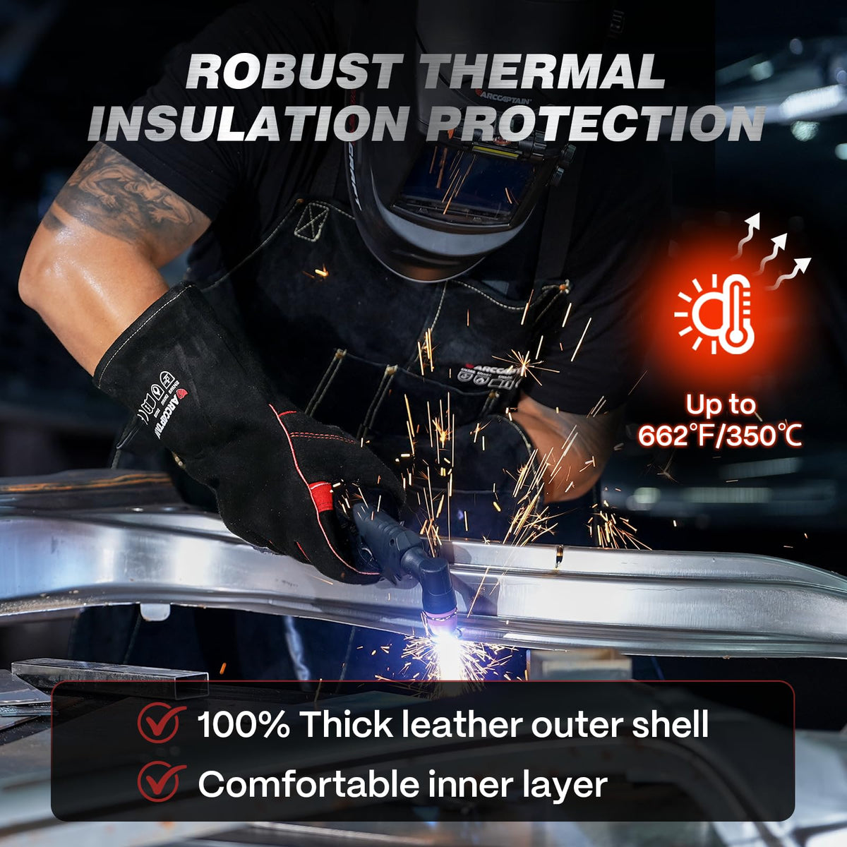 ARCCAPTAIN Leather Forge gloves—texture close-up illustrating heat resistance for high-heat tasks.