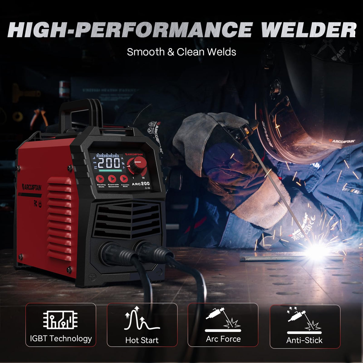 ARCCAPTAIN hot start and arc force adjust improve strike and arc stability.