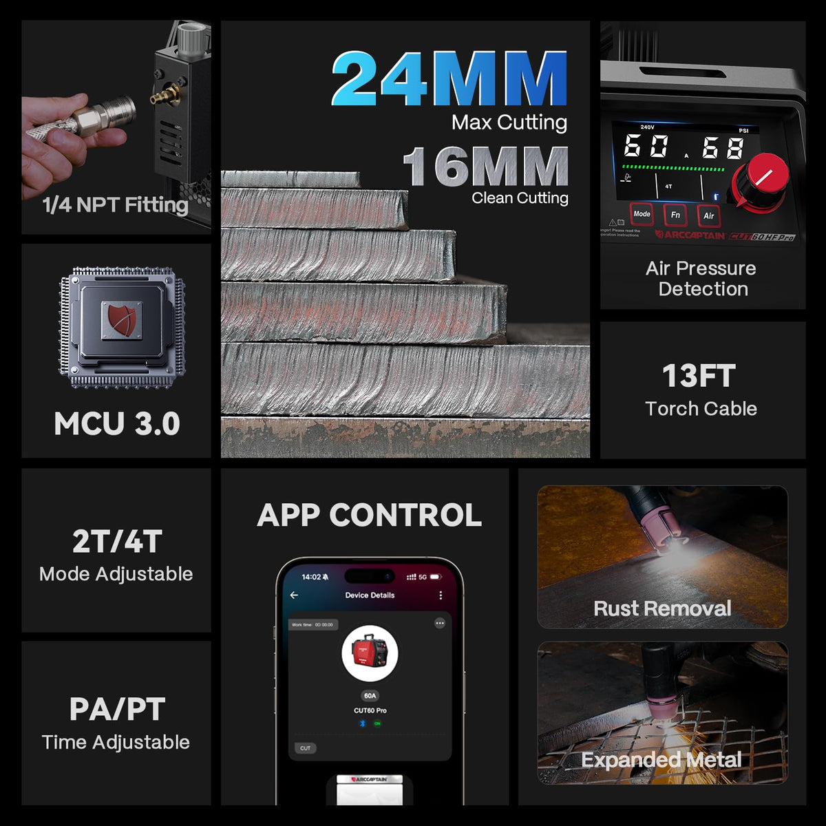 ARCCAPTAIN iControl CUT60 Pro app control enables remote adjustment.