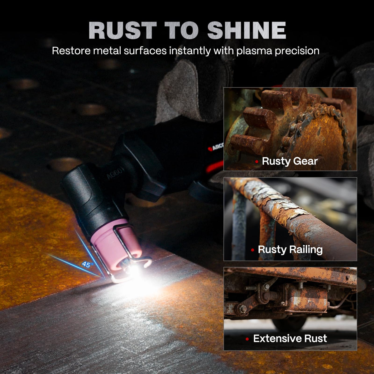 ARCCAPTAIN iControl CUT60 Pro rust-removal mode cleans oxidation safely.