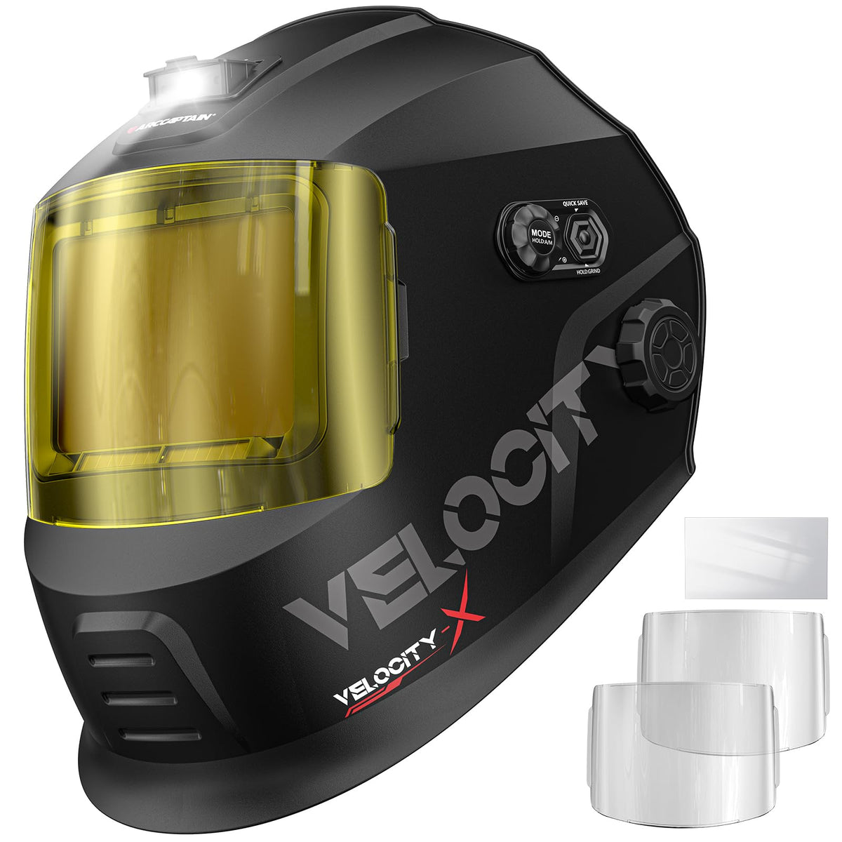ARCCAPTAIN intelligent welding helmet folded view shows wide, clear field of vision for precise work.