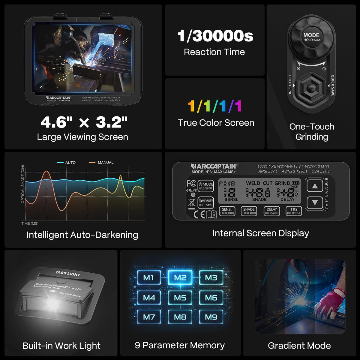 ARCCAPTAIN intelligent welding helmet internal display controls enable quick adjustments on the job.