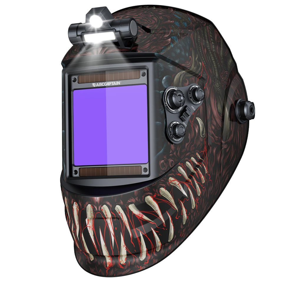 ARCCAPTAIN welding helmet with LED light on top improves visibility for precise welds
