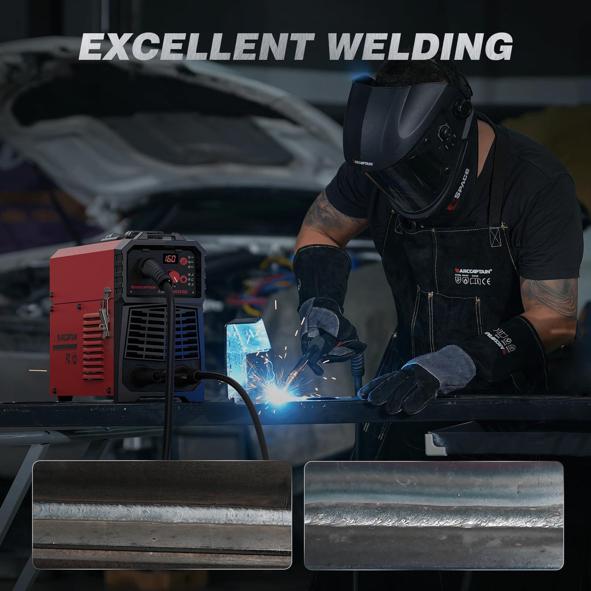 ARCCAPTAIN MIG160 welding torch setup for versatile gas and flux core MIG.