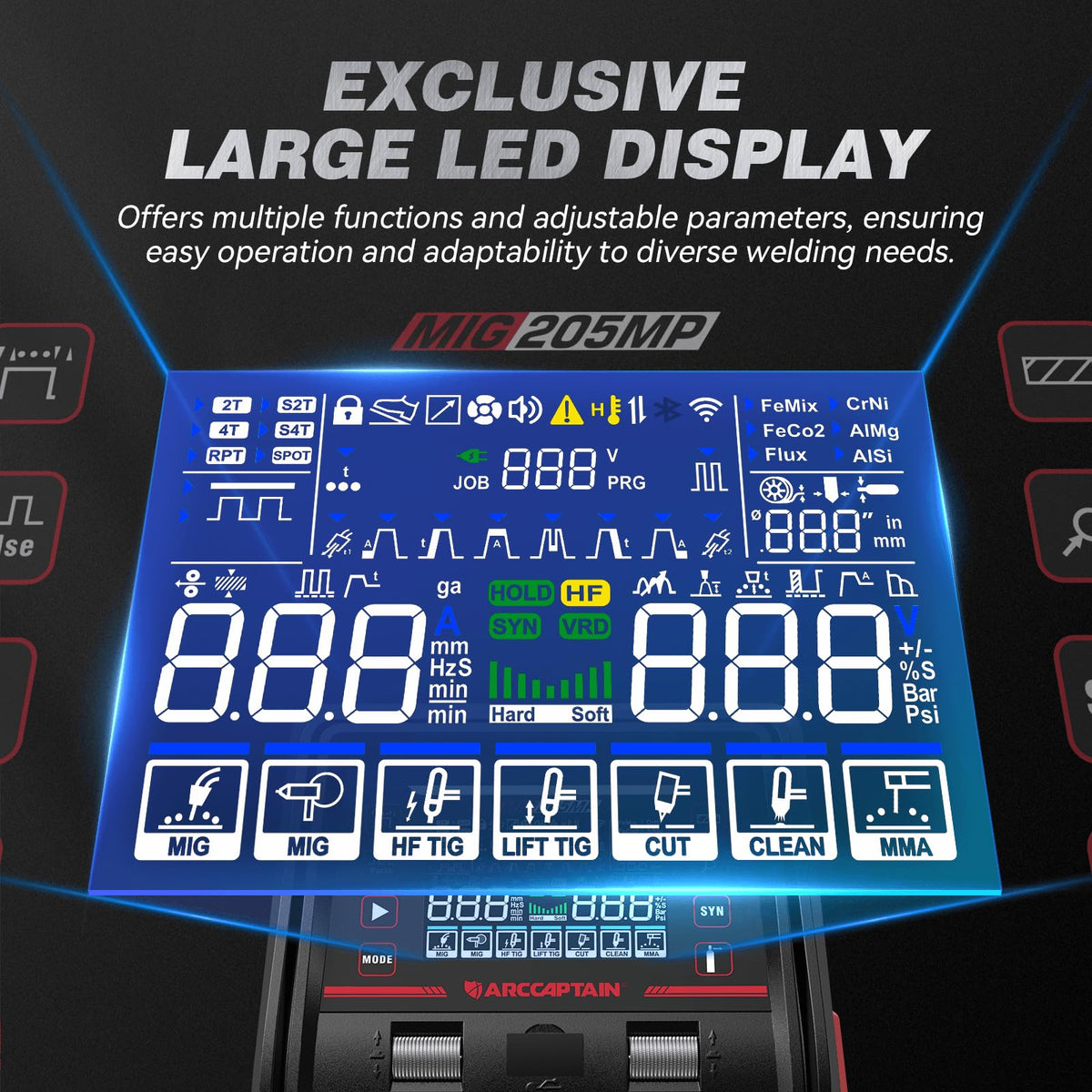 ARCCAPTAIN MIG205MP large LED display with parameter indicators for clarity.