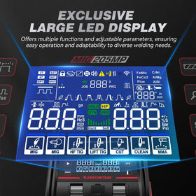 ARCCAPTAIN MIG205MP large LED display with parameter indicators for clarity.