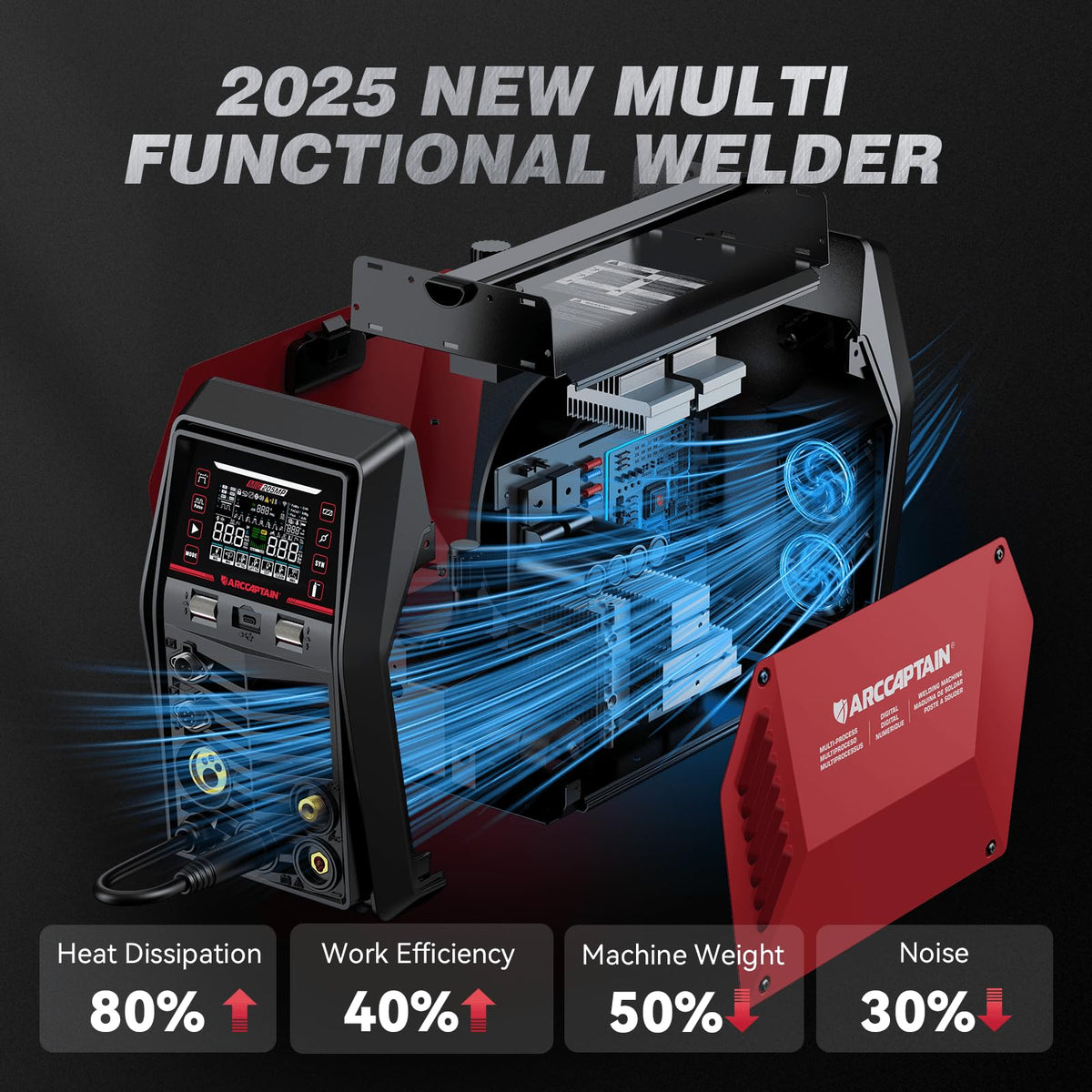 ARCCAPTAIN MIG205MP arc control and hot start features in MMA mode.
