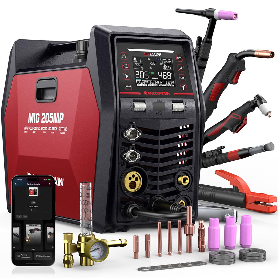 ARCCAPTAIN MIG205MP in use with gas MIG mode for versatile home projects.