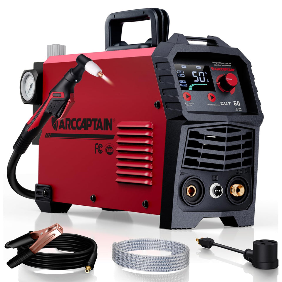 ARCCAPTAIN Plasma Cutter 50A front view showing dual voltage capability for DIY projects.