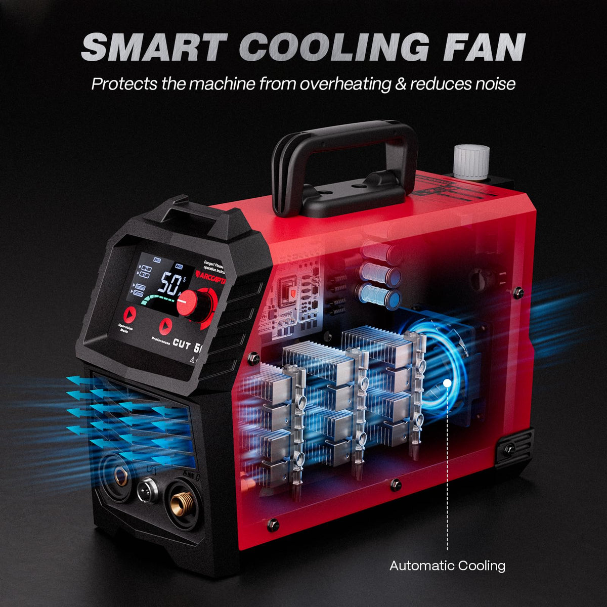 Quiet, efficient cooling system of ARCCAPTAIN plasma cutter 50A in action.