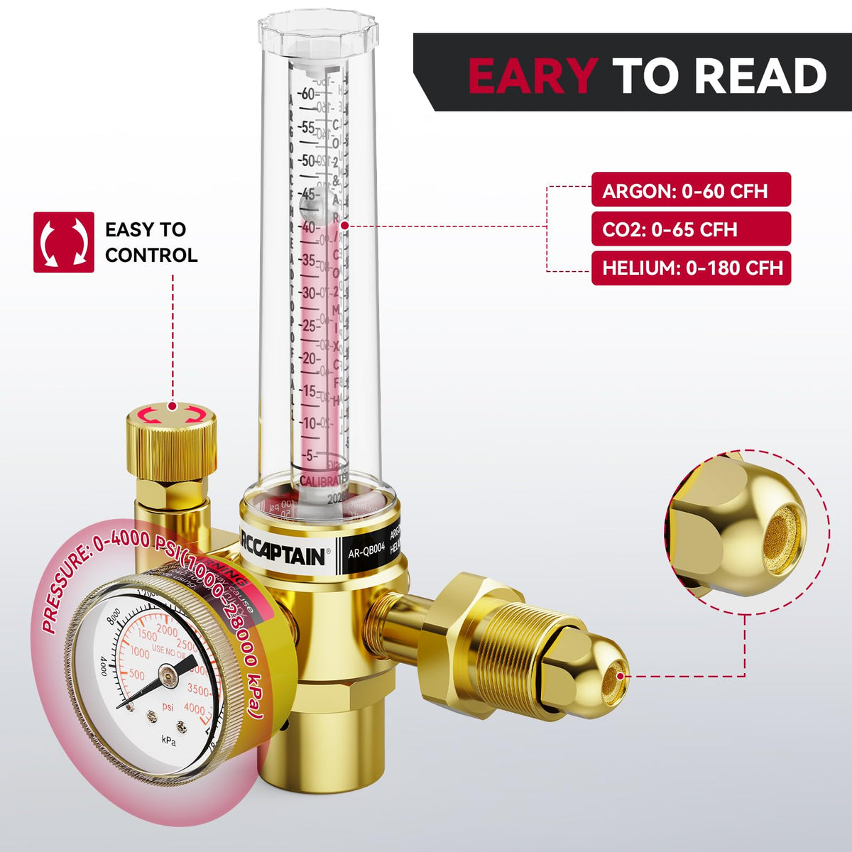 Close-up of ARCCAPTAIN gauge dial for precise gas flow settings.