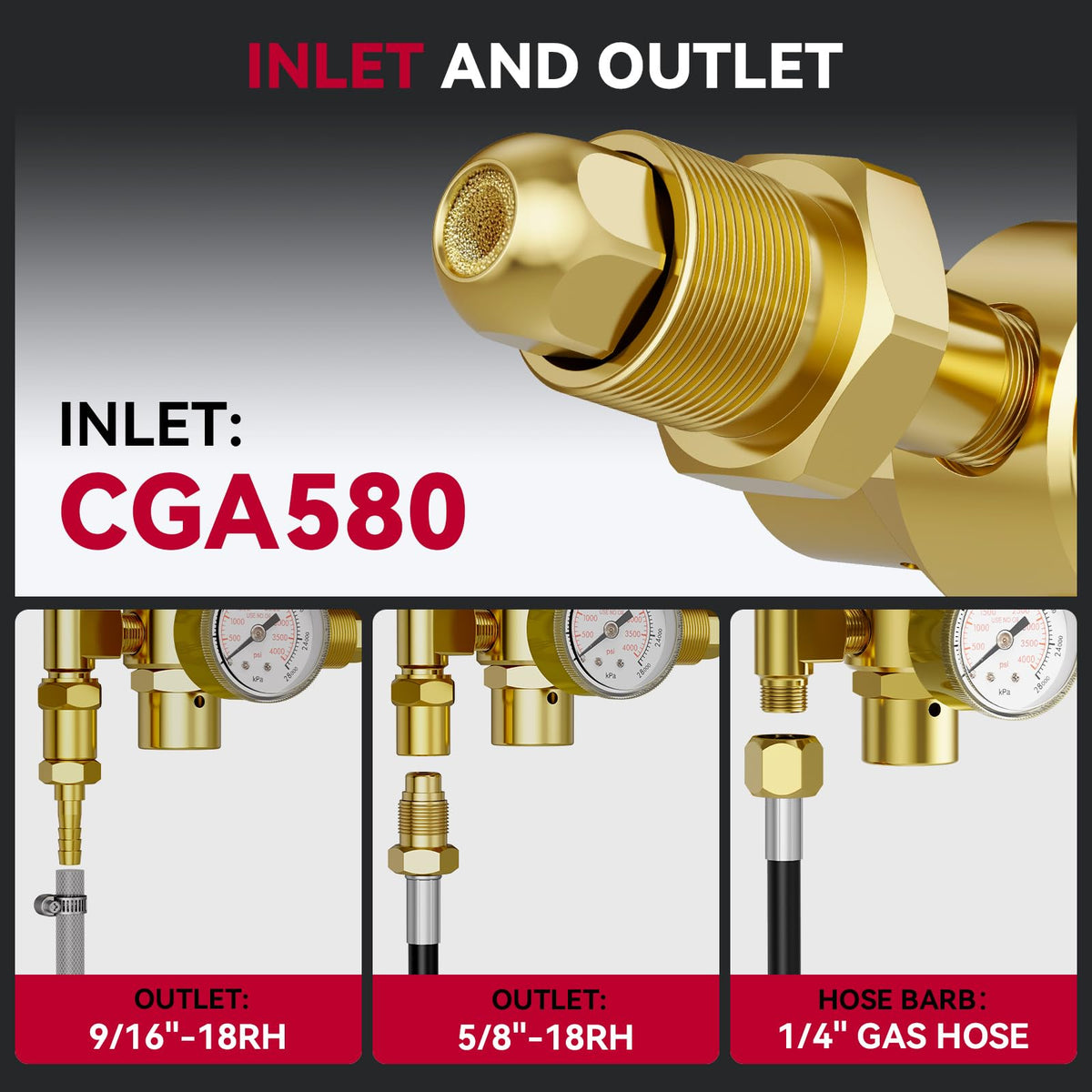 ARCCAPTAIN inlet CGA-580 with filter supports cleaner gas delivery.