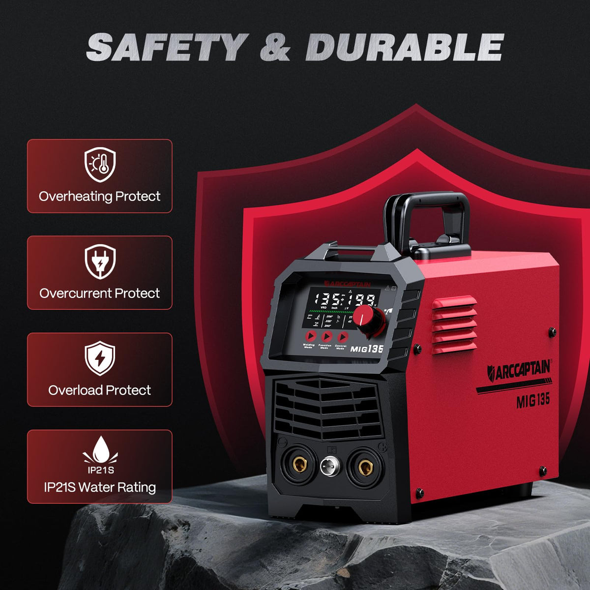 ARCCAPTAIN includes built-in protections like over-current and overheating for safer use.