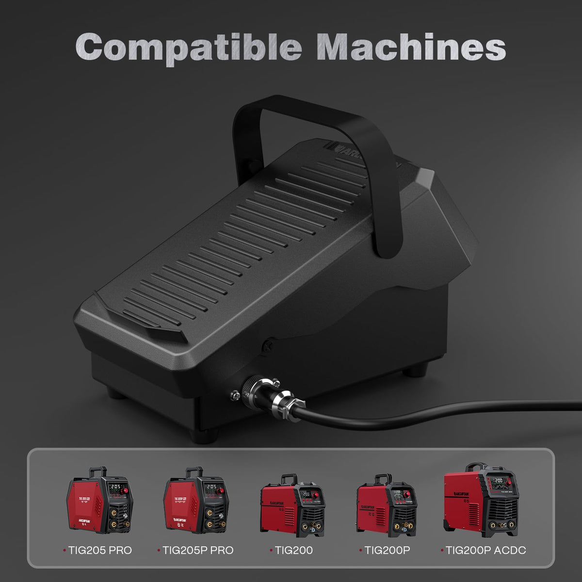 ARCCAPTAIN TIG pedal with dual 10 ft cables connected to a welder