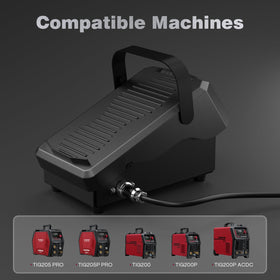 ARCCAPTAIN TIG pedal with dual 10 ft cables connected to a welder