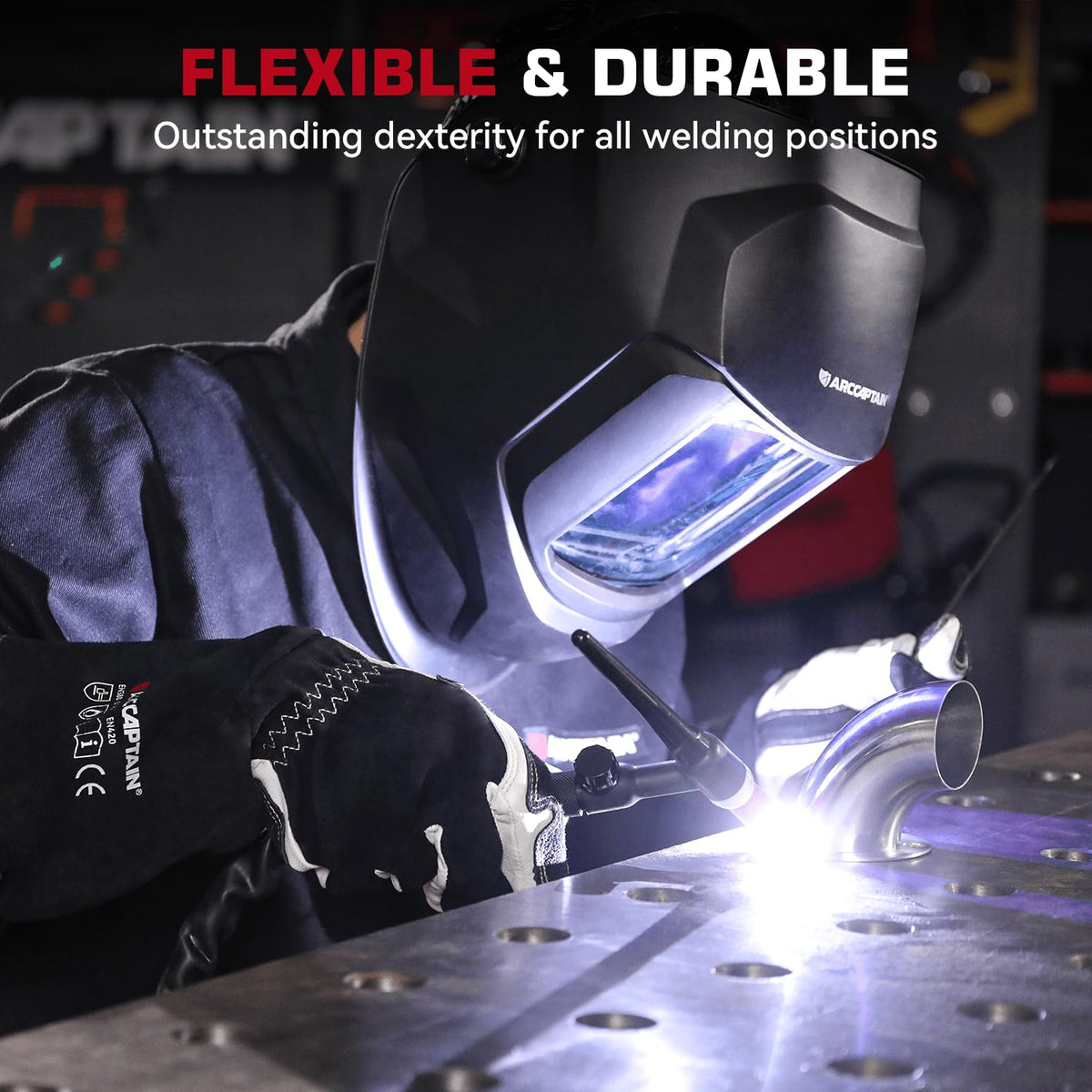 ARCCAPTAIN Tig Gloves provide 14-inch forearm coverage for spark protection.