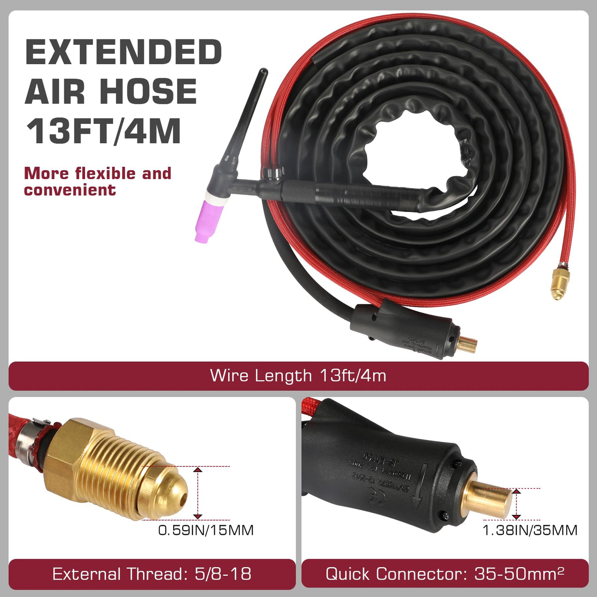 Red gas-line connection ensures secure argon setup for TIG welding