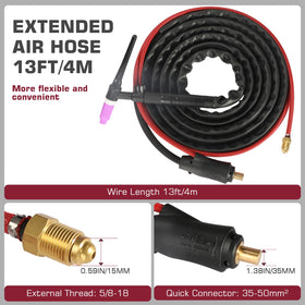 Red gas-line connection ensures secure argon setup for TIG welding
