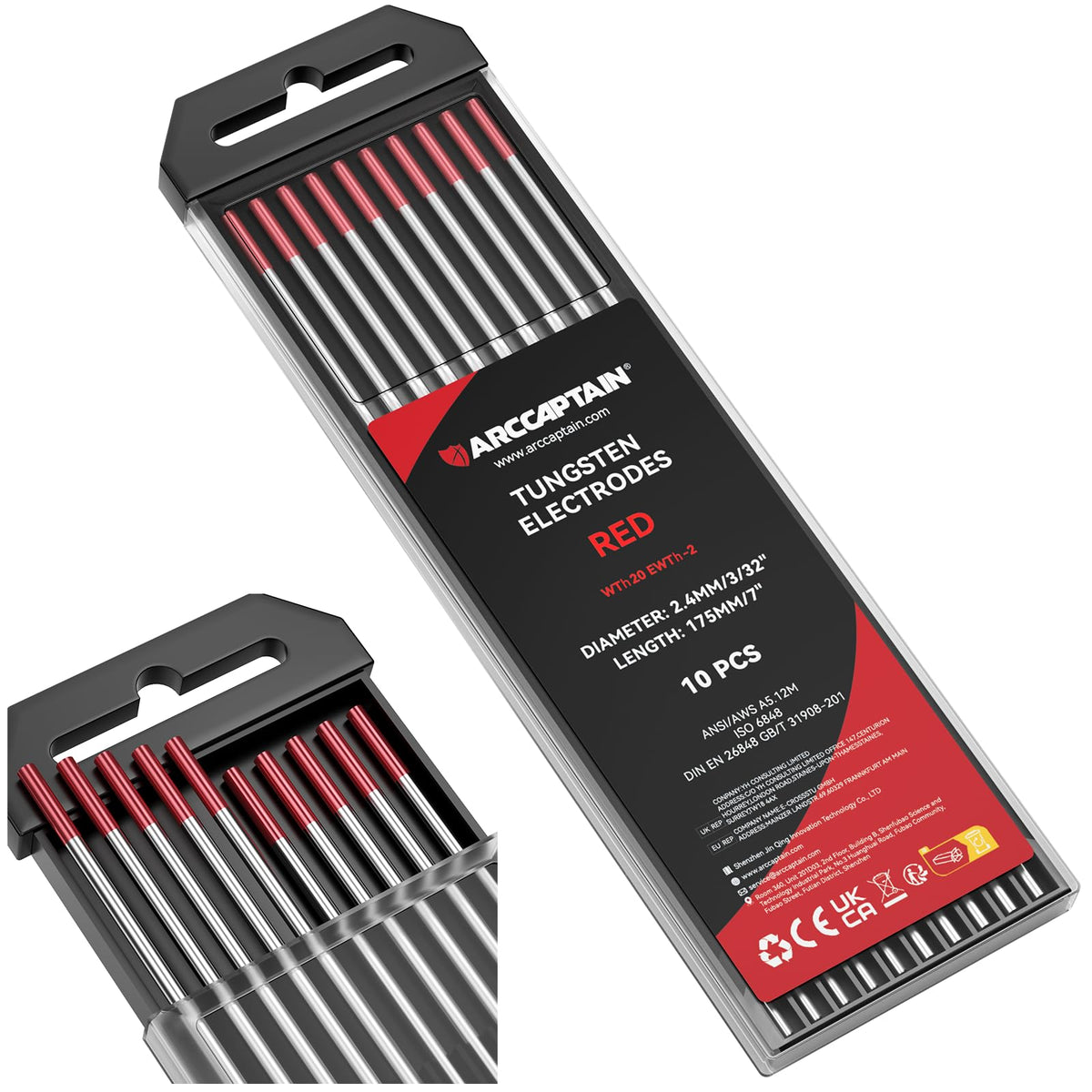 ARCCAPTAIN TIG tungsten electrode 3/32x7 red pack ready for precise DC welds.