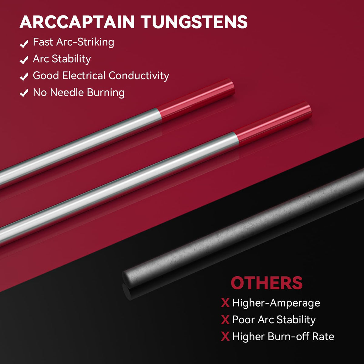 ARCCAPTAIN TIG tungsten electrode closeup shows the red tip for arc stability.