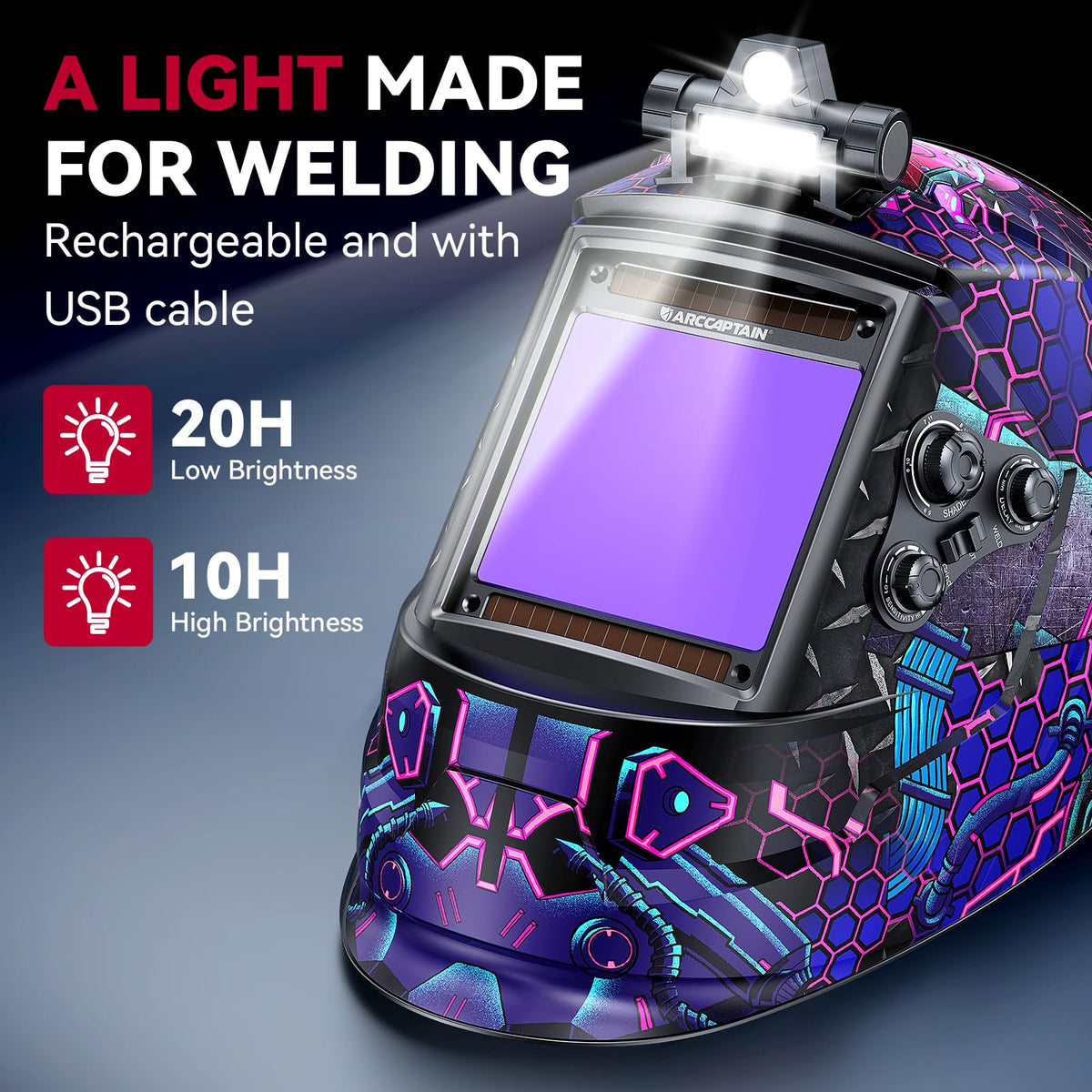 ARCCAPTAIN welding helmet top LED light assists welding in dark workplaces.
