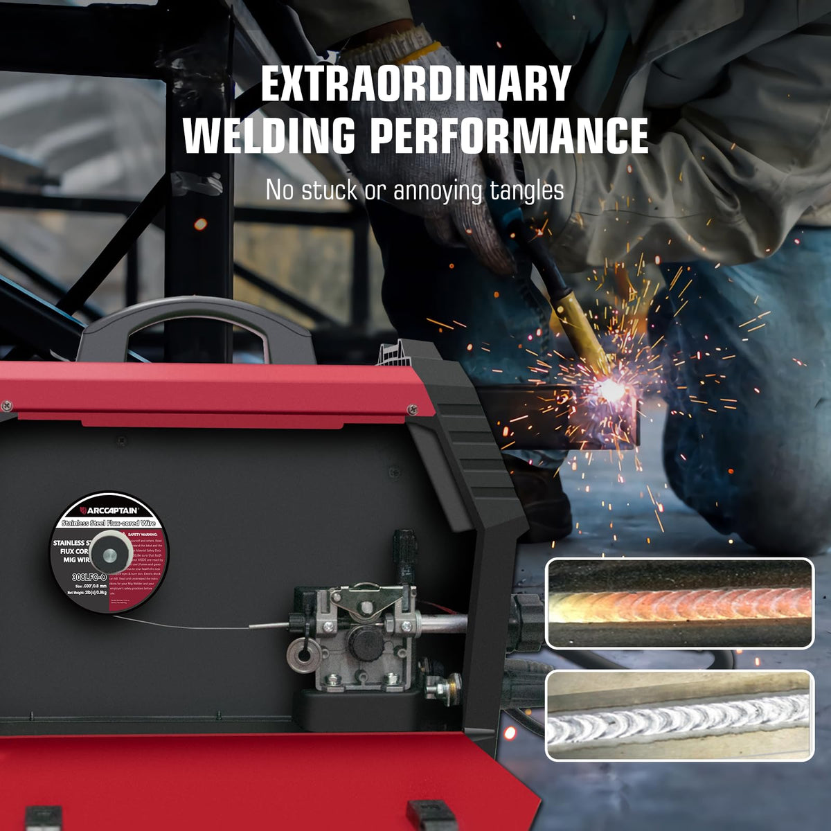 ARCCAPTAIN vacuum-packed spool preserves moisture protection and wire quality.