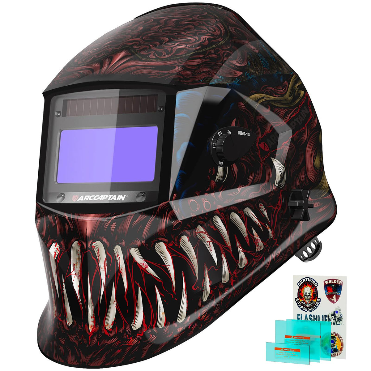 ARCCAPTAIN Alien welding helmet front view shows the large viewing window for precise welds