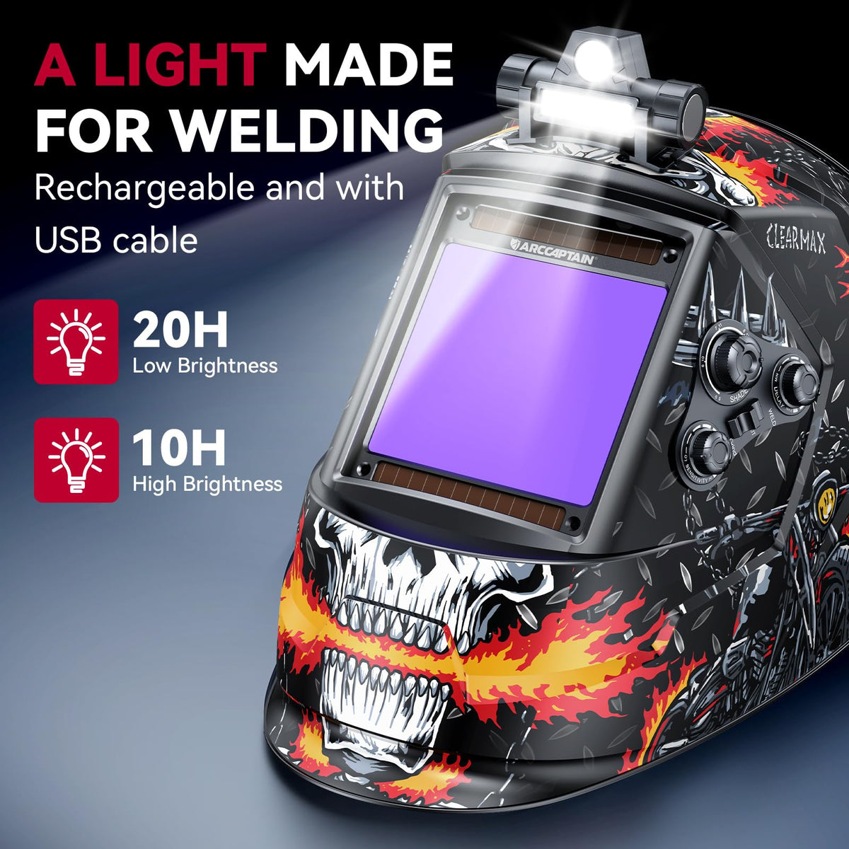 ARCCAPTAIN auto-darkening lens with four sensors delivers quick shade changes.