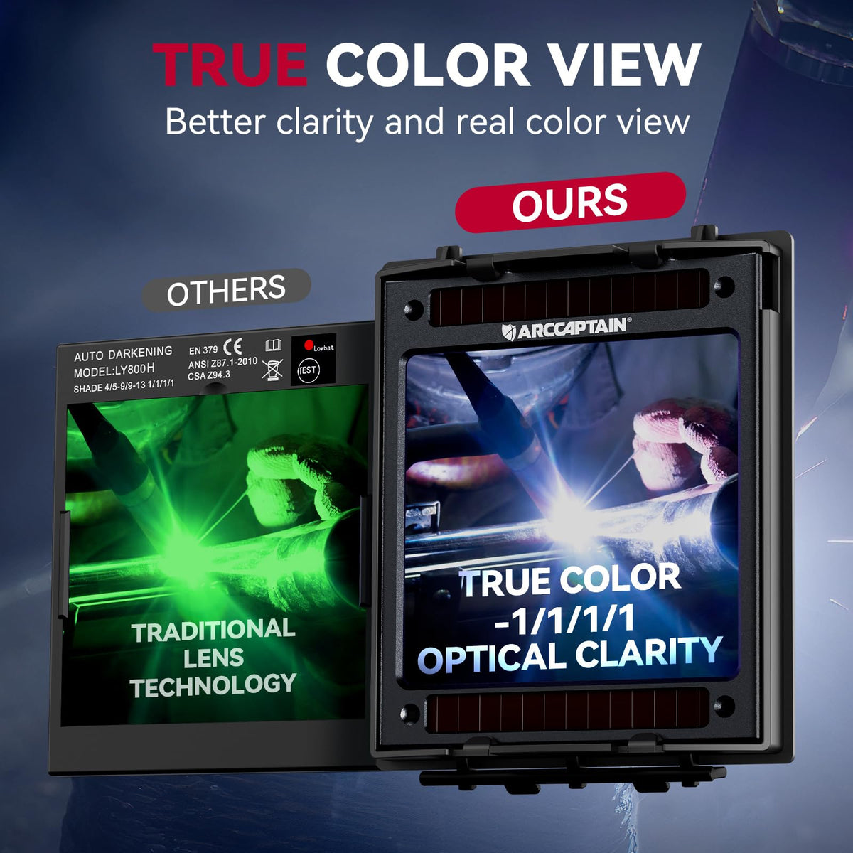 ARCCAPTAIN welding helmet large viewing screen enhances weld precision.