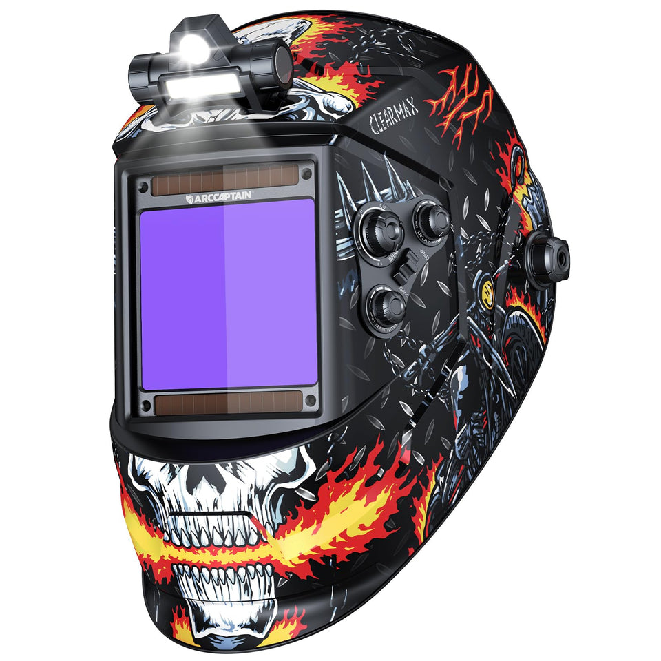 ARCCAPTAIN welding helmet top LED light improves visibility in dark spaces.