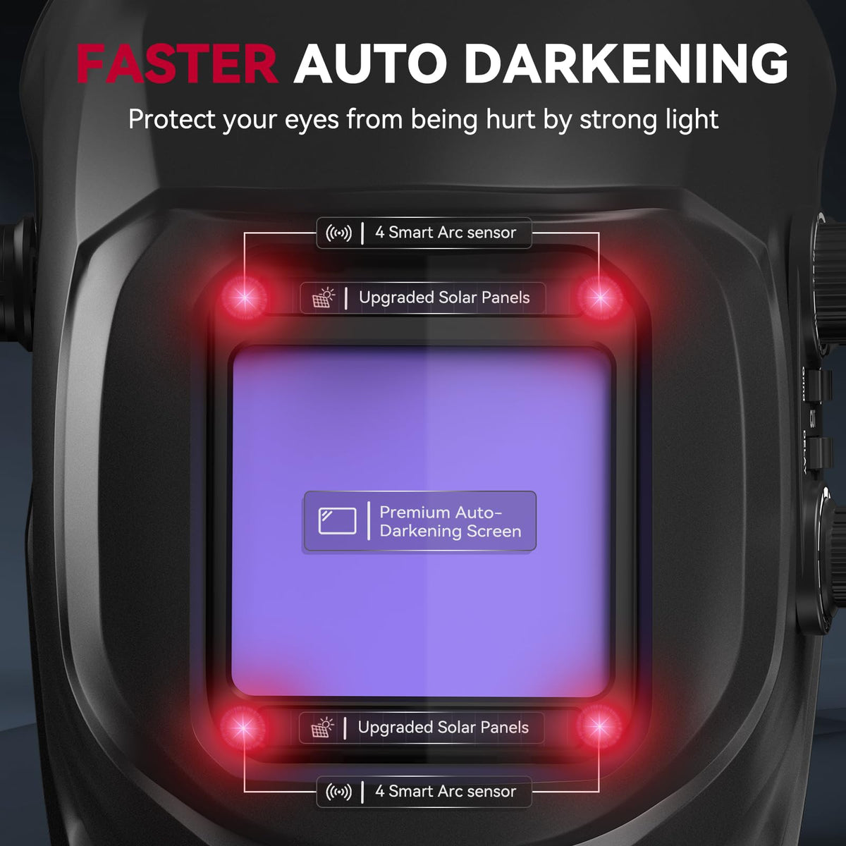 ARCCAPTAIN helmet features four arc sensors for reliable auto-darkening during welding.