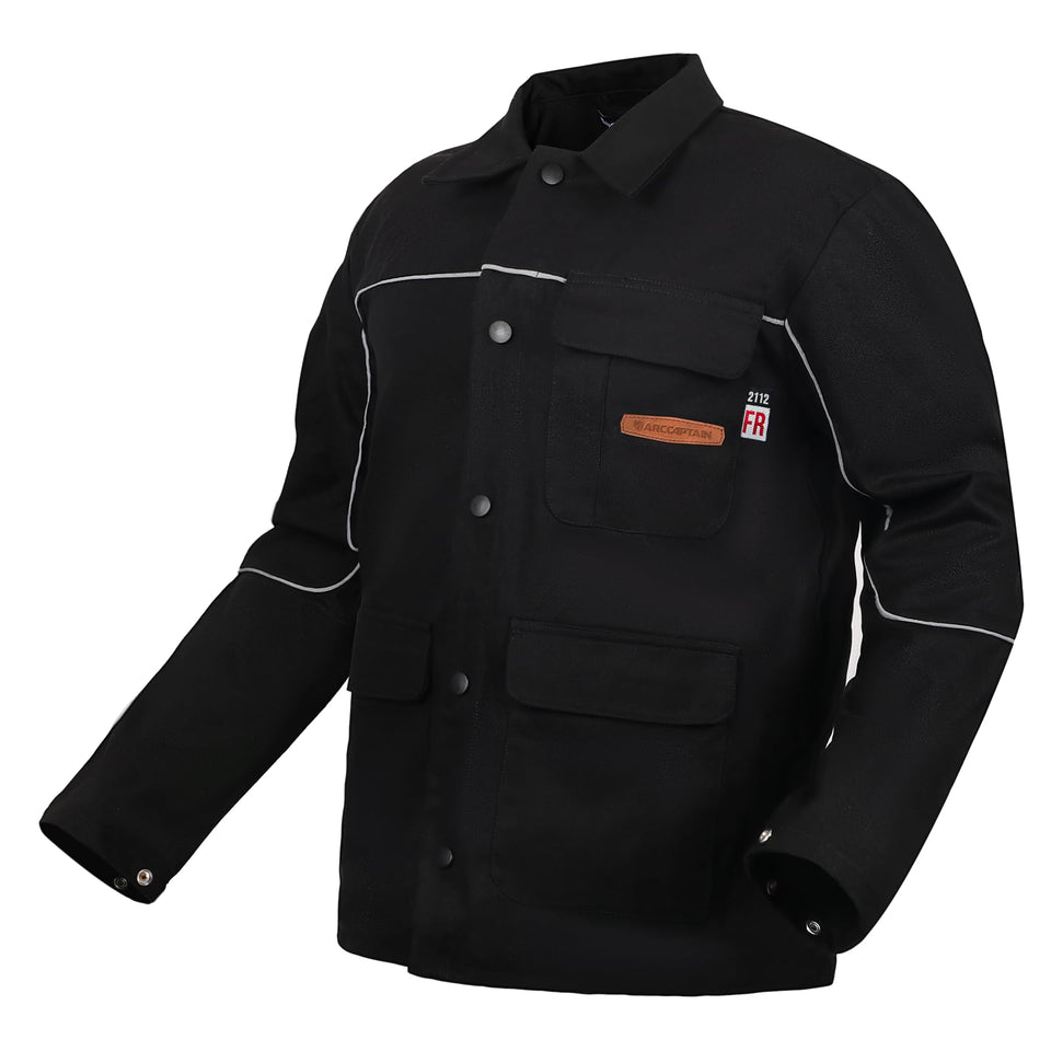 ARCCAPTAIN welding jacket front pocket for secure tools and phone during work.