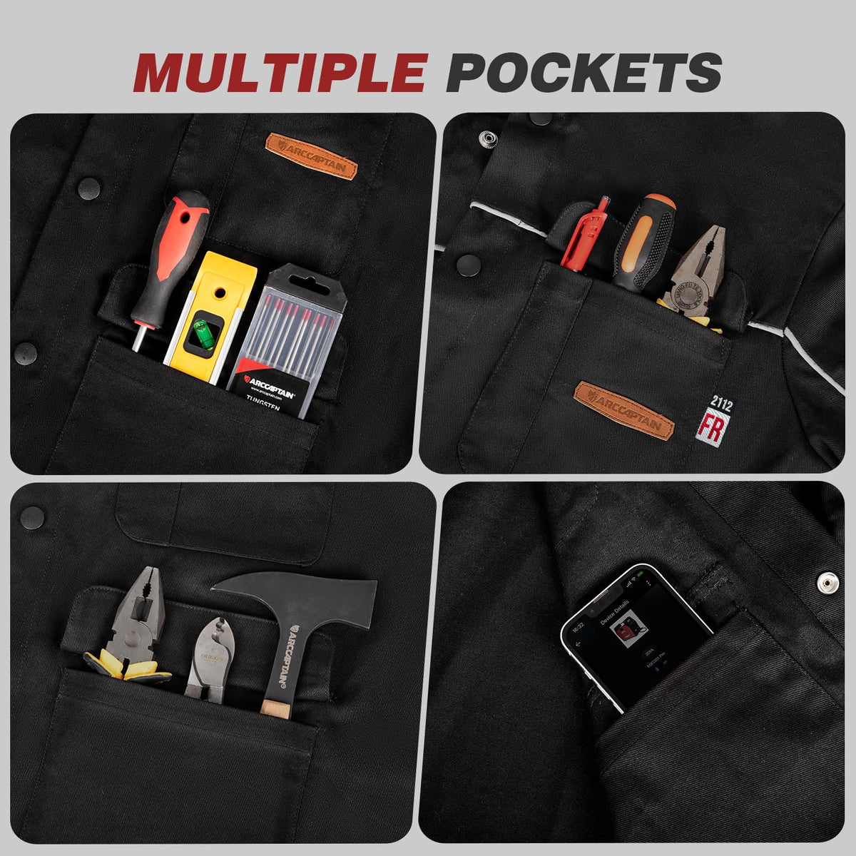 ARCCAPTAIN welding jacket four-pocket layout for tools and safety items