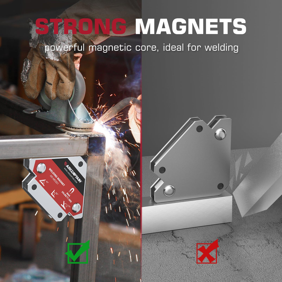 ARCCAPTAIN 55 lb magnet at 90-degree angle for strong alignment during welding