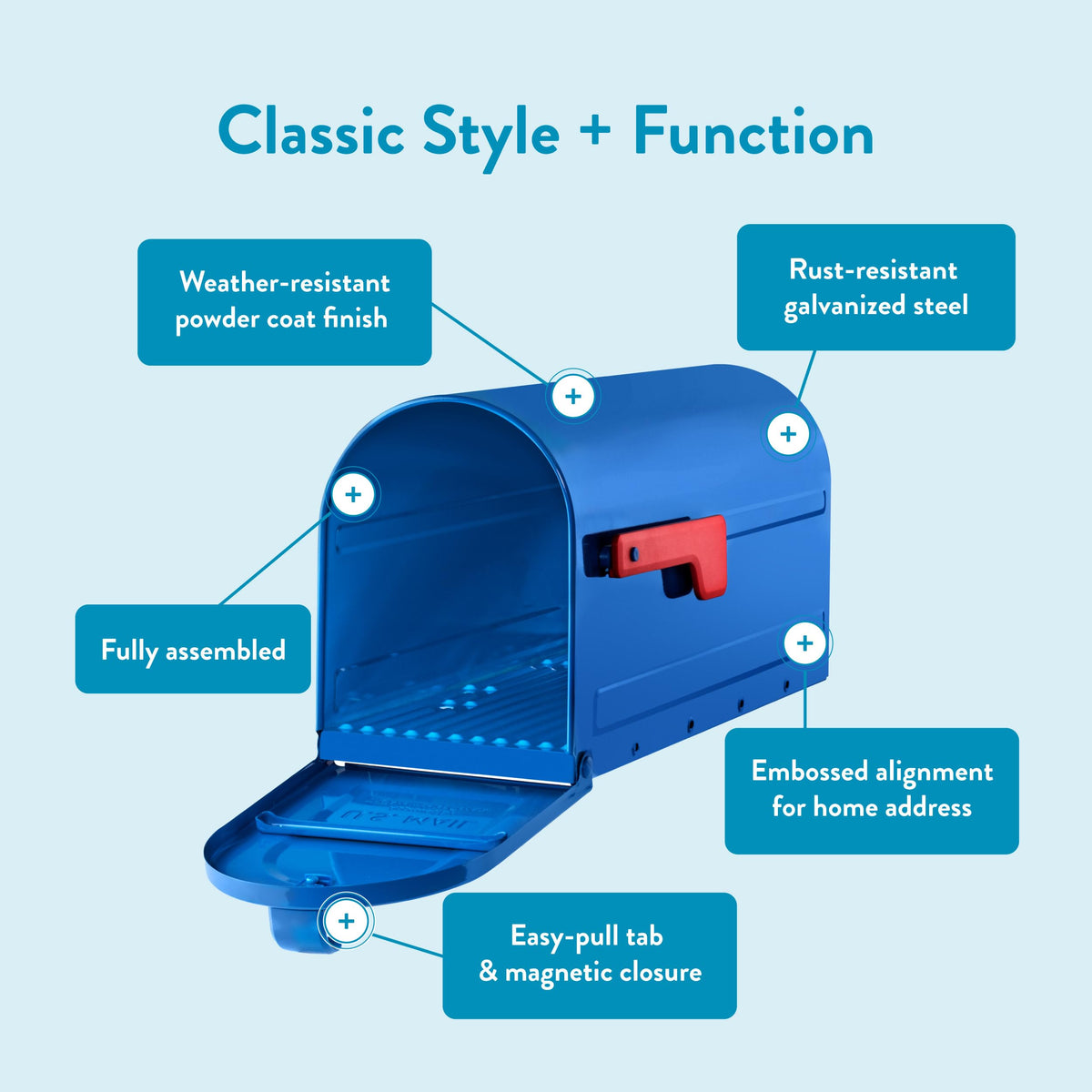 Architectural Mailboxes MB1 blue USPS-approved design supports reliable curbside delivery