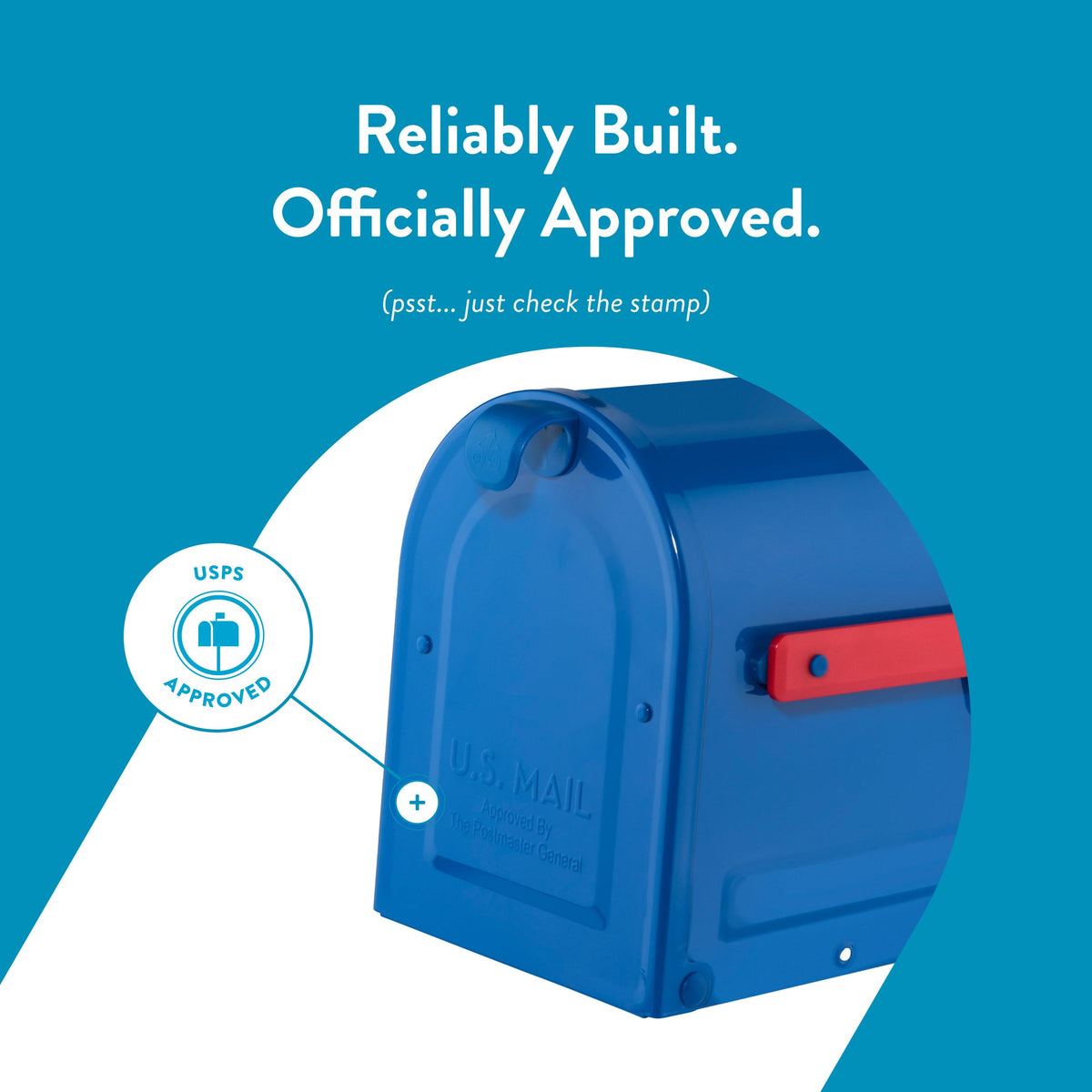 Architectural Mailboxes MB1 blue USPS-approved badge emphasizes compliant design