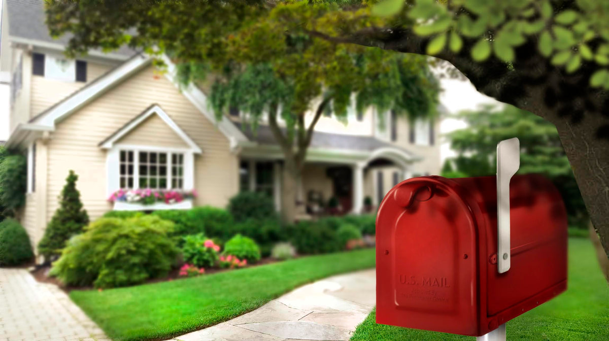 ARCHITECTURAL MAILBOXES MB1 red installation-ready photo shows fast, tool-free mounting.