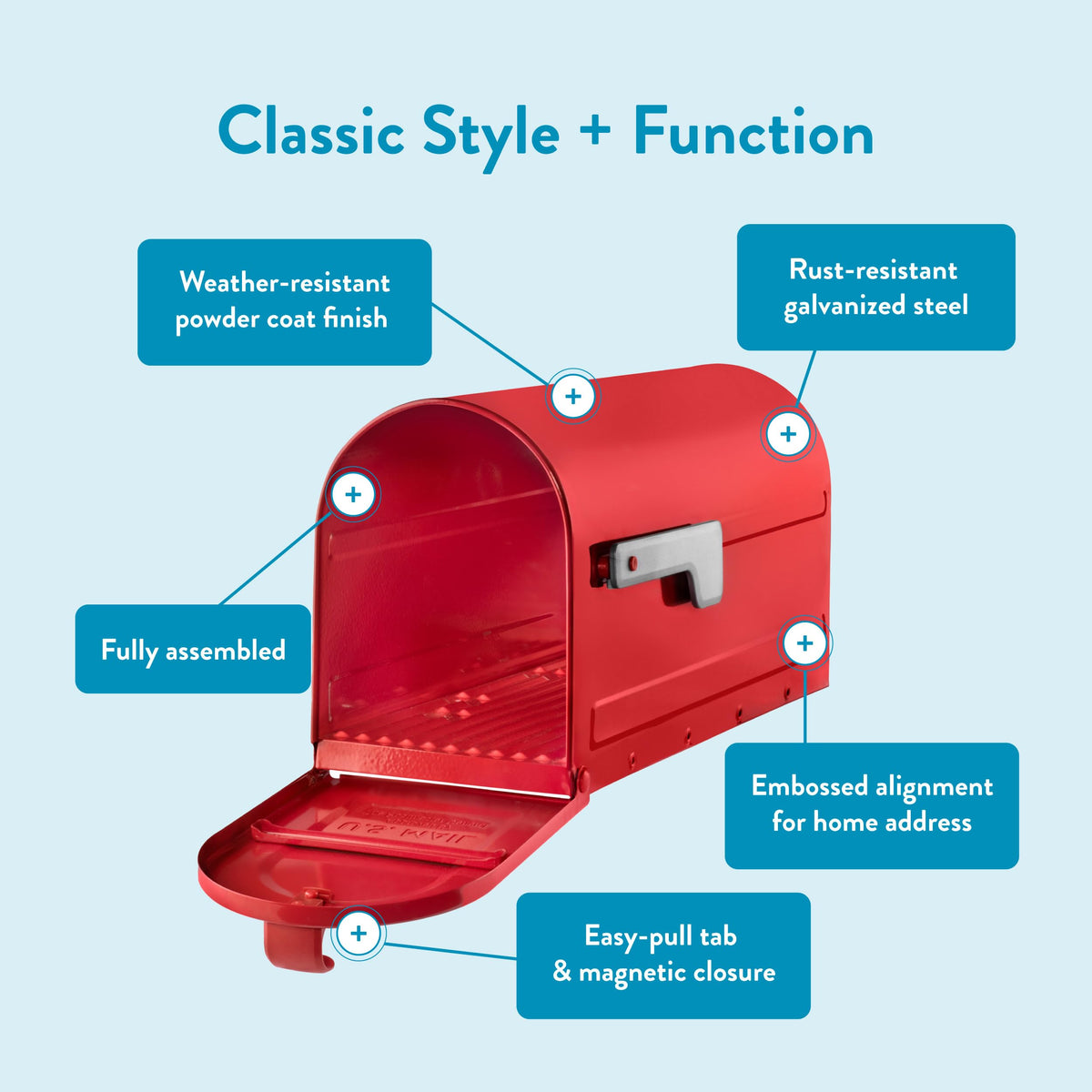 ARCHITECTURAL MAILBOXES MB1 red magnetic closure keeps mail secure in wind.