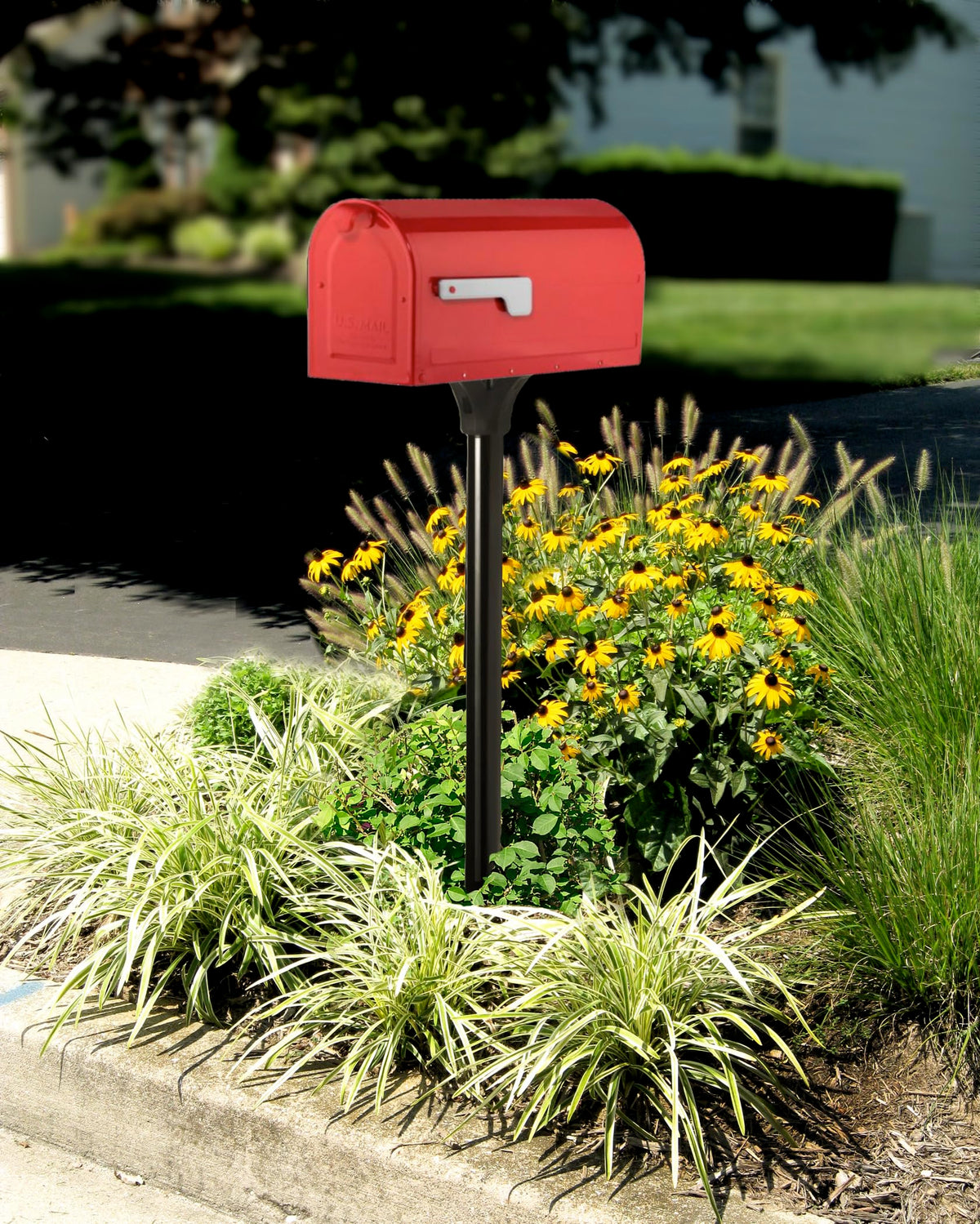 ARCHITECTURAL MAILBOXES MB1 red side profile highlights sculpted lines for timeless curb appeal.