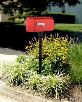 ARCHITECTURAL MAILBOXES MB1 red side profile highlights sculpted lines for timeless curb appeal.