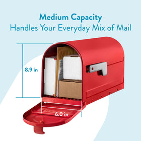 ARCHITECTURAL MAILBOXES MB1 red sunlight shot emphasizes weather-ready galvanized steel.