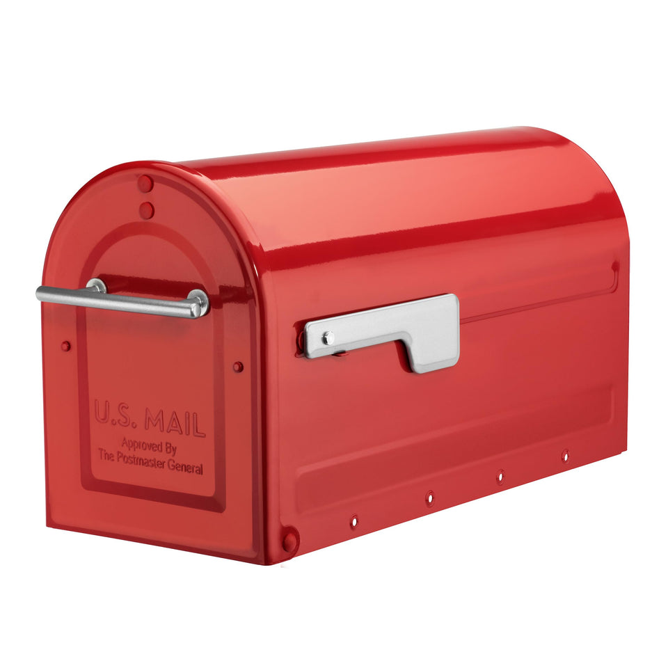 ARCHITECTURAL MAILBOXES Boulder red front view emphasizes bold curbside style and durable construction