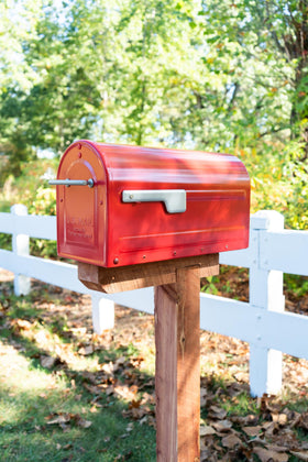 ARCHITECTURAL MAILBOXES Boulder red side panel shows rust-resistant powder coating for all-season use